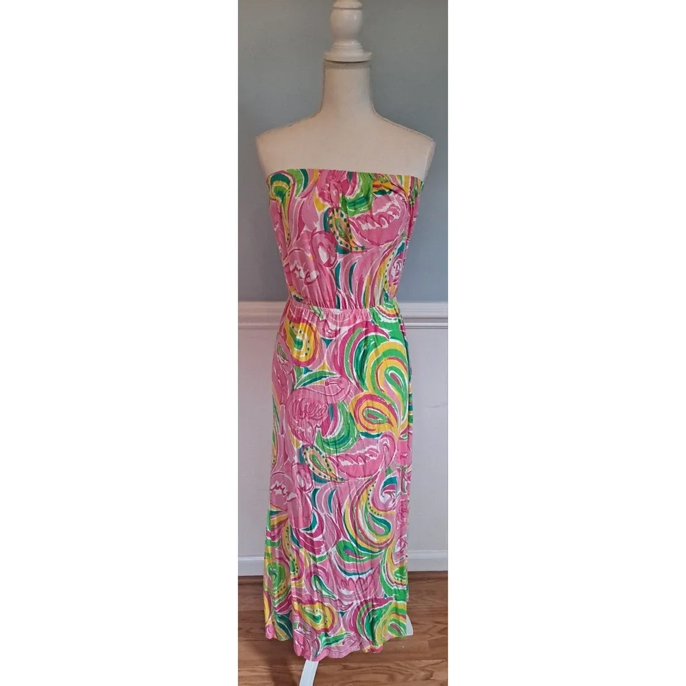 Lilly Pulitzer Marlisa All Nighter Print Slub Jersey Strapless Maxi Dress sz S - Picture 2 of 7